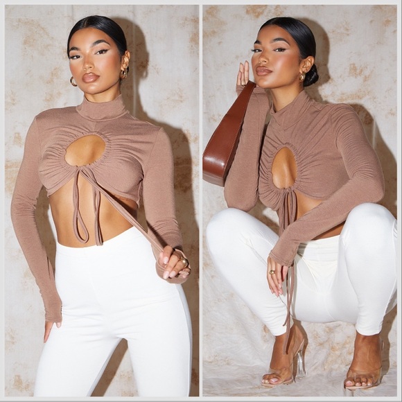 Pretty Little Thing Chocolate Jersey Ruched Keyhole Tie Long Sleeve Crop Top - Picture 1 of 6